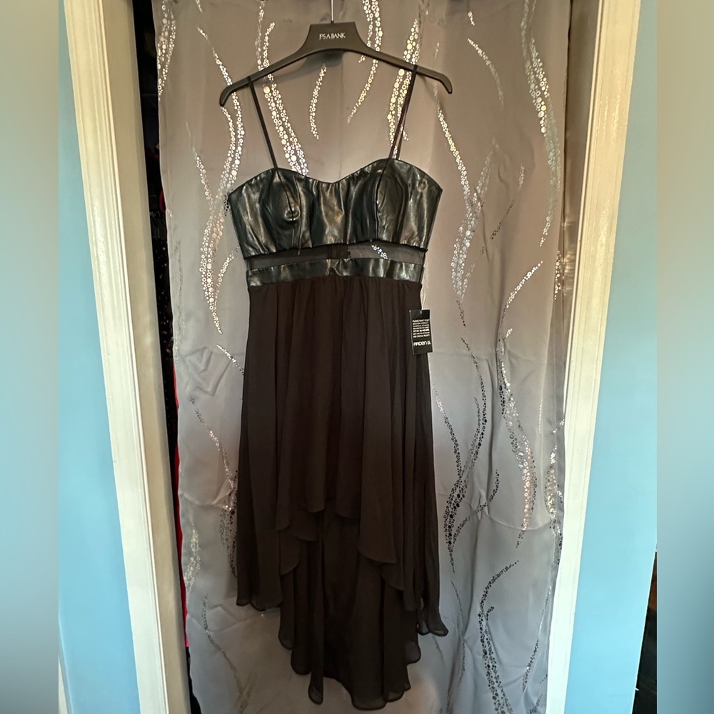 Arden B Size Large Black Hi-Low Dress with sheer cutouts on “leather” bodice